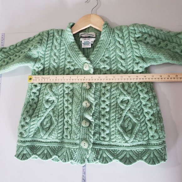 Vintage 70s Aran Crafts Green Cable Knit Cardigan Sweater XS Merino Wool Preppy - Picture 4 of 5